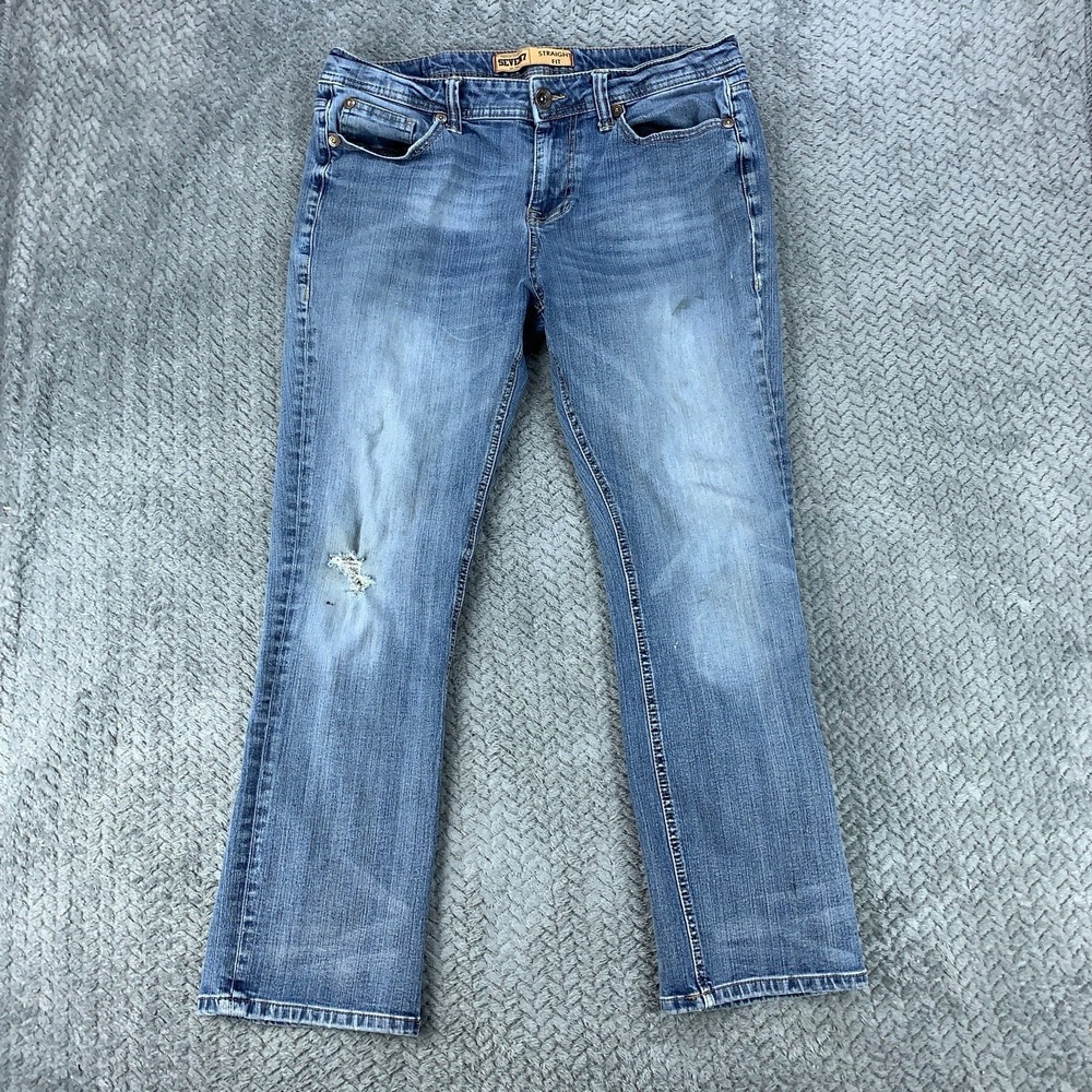 Seven7 Jeans Mens 34x30 (Fits 34x27) Blue Straight Fit Distressed Stretch Denim